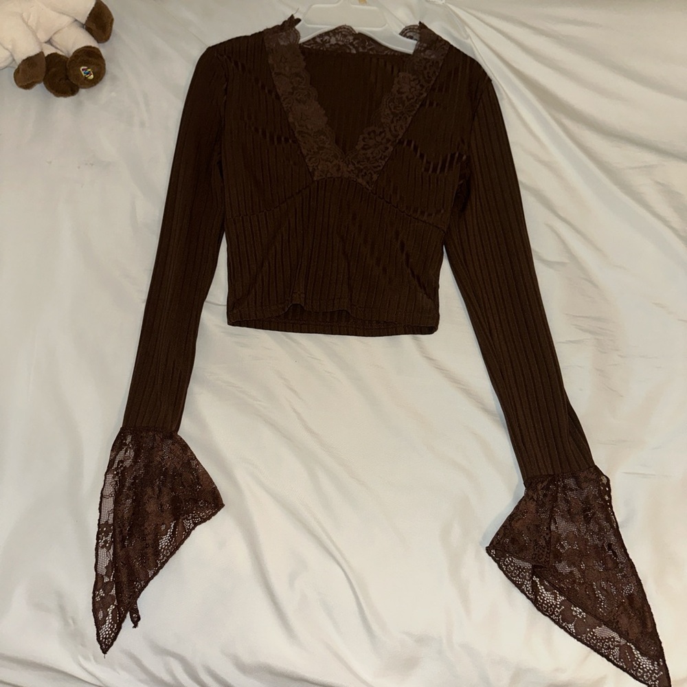 SHEIN Brown Lace Bell Sleeve Crop Top